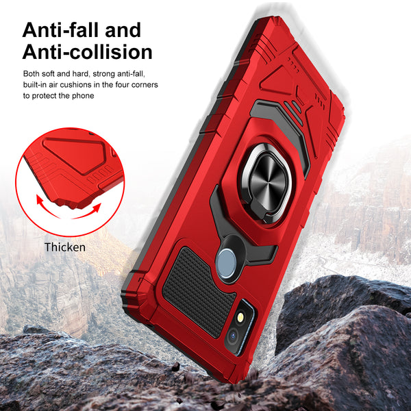 For Cricket Icon 4 Case [Military Grade] Ring Car Mount Kickstand w/[Tempered Glass] Hybrid Hard PC Soft TPU Shockproof Protective Case - Red