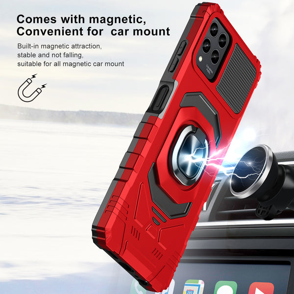 For T-Mobile REVVL 6 Pro 5G Case [Military Grade] Ring Car Mount Kickstand w/[Tempered Glass] Hybrid Hard PC Soft TPU Shockproof Protective Case - Red