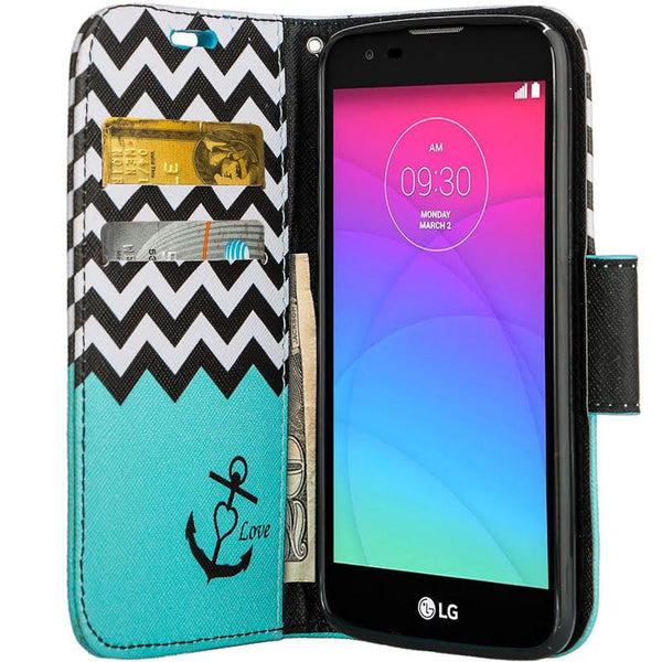 LG K8, Phoenix 2, Escape 3 Wallet Case, Wrist Strap [Kickstand] Pu Leather Wallet Case with ID & Credit Card Slots - TEAL CHEVRON www.coverlabusa.com