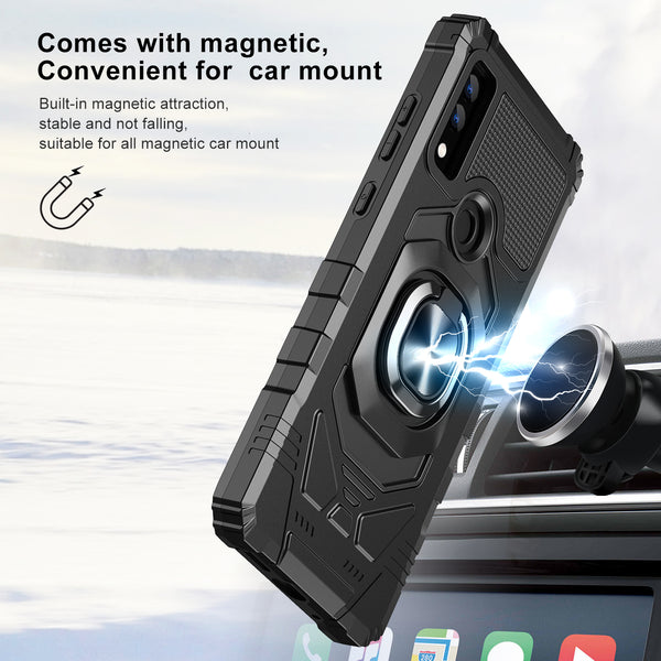 For AT&T Maestro 3 Case [Military Grade] Ring Car Mount Kickstand w/[Tempered Glass] Hybrid Hard PC Soft TPU Shockproof Protective Case - Black