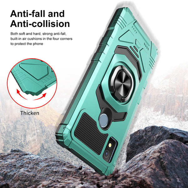 For Cricket Icon 4 Case [Military Grade] Ring Car Mount Kickstand w/[Tempered Glass] Hybrid Hard PC Soft TPU Shockproof Protective Case - Teal