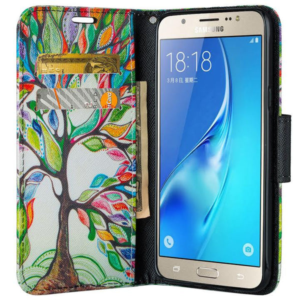 Galaxy J7 Case, Samsung Galaxy J7 Wallet Case, Wrist Strap Flip Folio [Kickstand Feature] Pu Leather Wallet Case with ID&Credit Card Slot For Galaxy J7, Colorful Tree, WWW.COVERLABUSA.COM