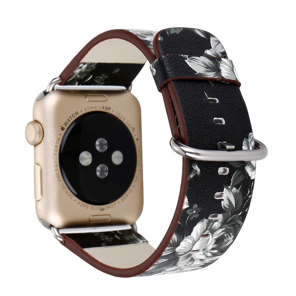 Black Floral Printed Leather Watch Band 38mm Strap - Black grey flower - www.coverlabusa.com