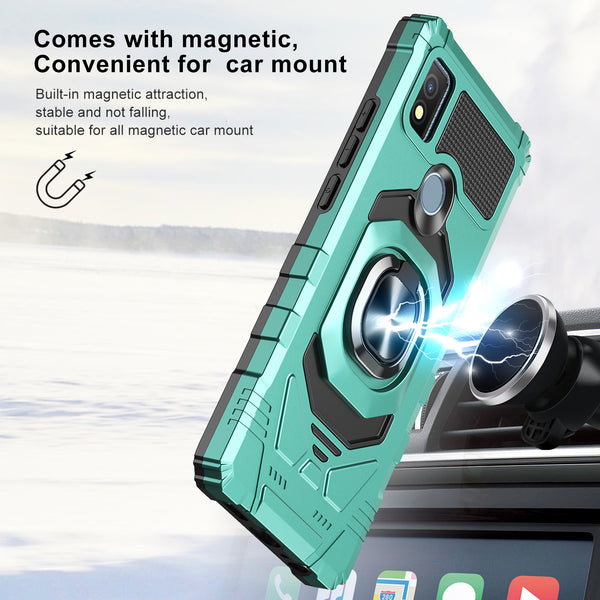 For Cricket Icon 4 Case [Military Grade] Ring Car Mount Kickstand w/[Tempered Glass] Hybrid Hard PC Soft TPU Shockproof Protective Case - Teal