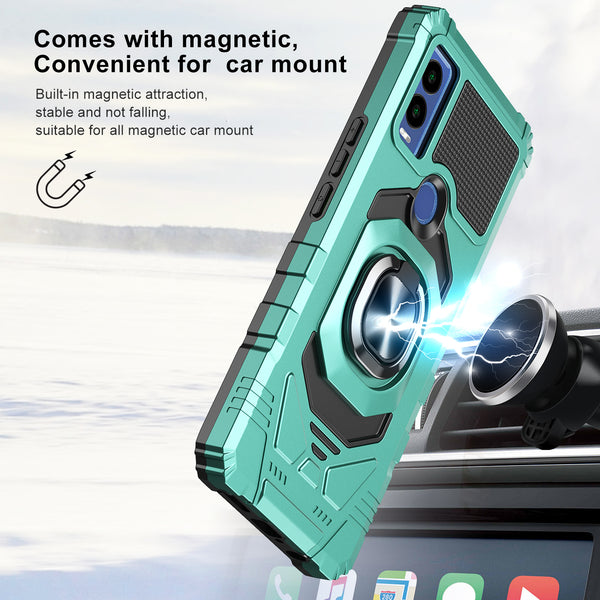 For Cricket Innovate E 5G Case [Military Grade] Ring Car Mount Kickstand w/[Tempered Glass] Hybrid Hard PC Soft TPU Shockproof Protective Case - Teal