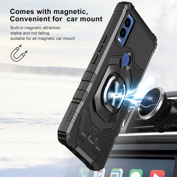 For Cricket Innovate E 5G Case [Military Grade] Ring Car Mount Kickstand w/[Tempered Glass] Hybrid Hard PC Soft TPU Shockproof Protective Case - Black