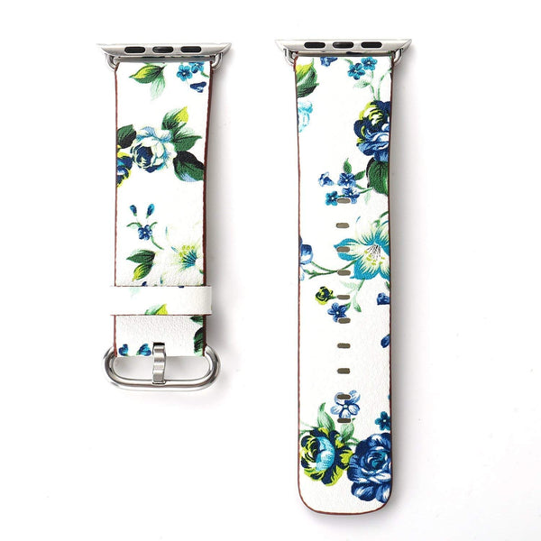 Black Floral Printed Leather Watch Band 38mm Strap - white green flower - www.coverlabusa.com