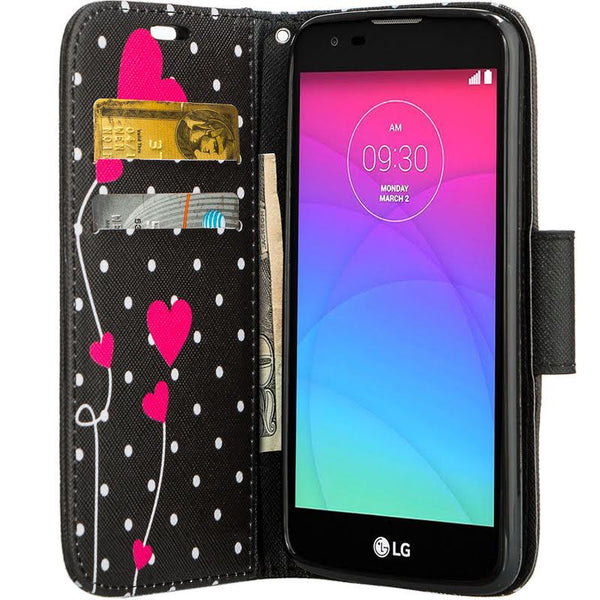 LG K7 / Tribute 5 / Treasure Wallet Case, Wrist Strap [Kickstand] Pu Leather Wallet Case - polka dot hearts www.coverlabusa.com