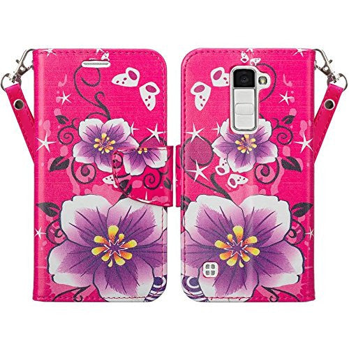 LG K10 / LG Premier LTE Wallet Case, Wrist Strap [Kickstand] Leather Wallet Case - Hot pink purple flower www.coverlabusa.com