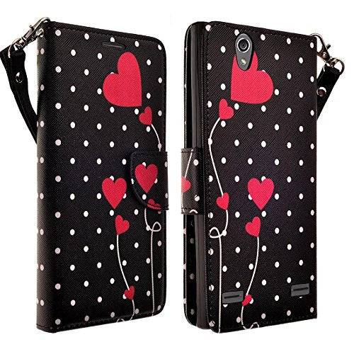 ZTE Lever LTE | Z936L Case, Slim Wrist Strap Magnetic Flip Wallet Kickstand Cover - Polka Dot Hearts