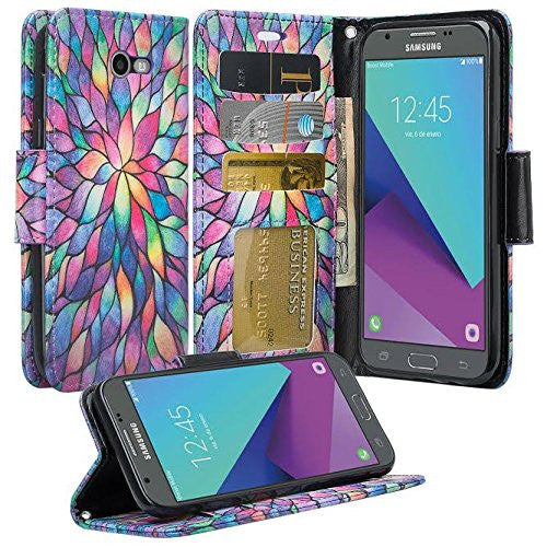 samsung galaxy j3 emerge leather wallet case - rainbow flower - www.coverlabusa.com