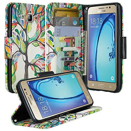 Galaxy J7 Case, Samsung Galaxy J7 Wallet Case, Wrist Strap Flip Folio [Kickstand Feature] Pu Leather Wallet Case with ID&Credit Card Slot For Galaxy J7, Colorful Tree, WWW.COVERLABUSA.COM