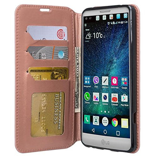 LG V20 Case, Pu Leather Magnetic Fold Wallet Case with ID & Card Slots for LG V20 - Rose Gold