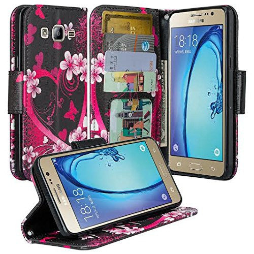 Galaxy J7 Case, Samsung Galaxy J7 Wallet Case, Wrist Strap Flip Folio [Kickstand Feature] Pu Leather Wallet Case with ID&Credit Card Slot For Galaxy J7, Hot Pink Hearts, www.coverlabusa.com