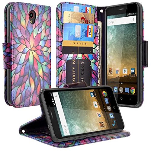 ZTE Grand X3, ZMAX Grand, ZMAX Champ, Warp 7, Avid 916 Case, Wrist Strap Magnetic Fold[Kickstand] Pu Leather Wallet Case Cover with  Slots - Rainbow Flower