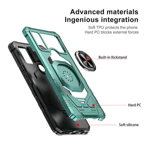 For Cricket Innovate E 5G Case [Military Grade] Ring Car Mount Kickstand w/[Tempered Glass] Hybrid Hard PC Soft TPU Shockproof Protective Case - Teal