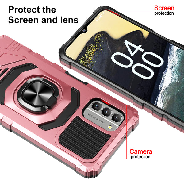 For Nokia G400 5G Case [Military Grade] Ring Car Mount Kickstand w/[Tempered Glass] Hybrid Hard PC Soft TPU Shockproof Protective Case - Rose Gold