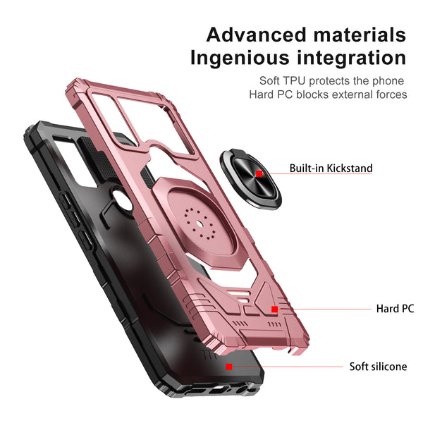 For Cricket Innovate E 5G Case [Military Grade] Ring Car Mount Kickstand w/[Tempered Glass] Hybrid Hard PC Soft TPU Shockproof Protective Case - Rose Gold