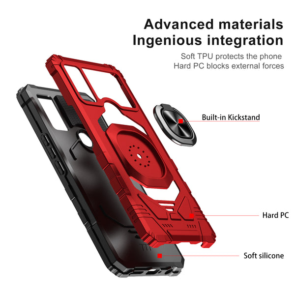 For Cricket Innovate E 5G Case [Military Grade] Ring Car Mount Kickstand w/[Tempered Glass] Hybrid Hard PC Soft TPU Shockproof Protective Case - Red