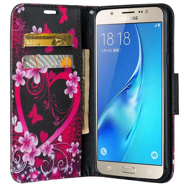 Galaxy J7 Case, Samsung Galaxy J7 Wallet Case, Wrist Strap Flip Folio [Kickstand Feature] Pu Leather Wallet Case with ID&Credit Card Slot For Galaxy J7, Hot Pink Hearts, www.coverlabusa.com