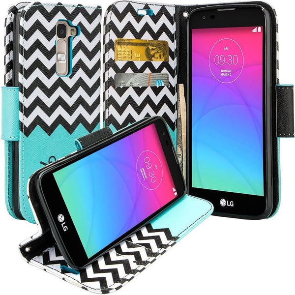 LG K8, Phoenix 2, Escape 3 Wallet Case, Wrist Strap [Kickstand] Pu Leather Wallet Case with ID & Credit Card Slots - TEAL CHEVRON www.coverlabusa.com