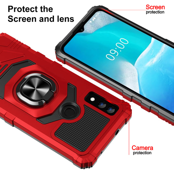 For AT&T Maestro 3 Case [Military Grade] Ring Car Mount Kickstand w/[Tempered Glass] Hybrid Hard PC Soft TPU Shockproof Protective Case - Red