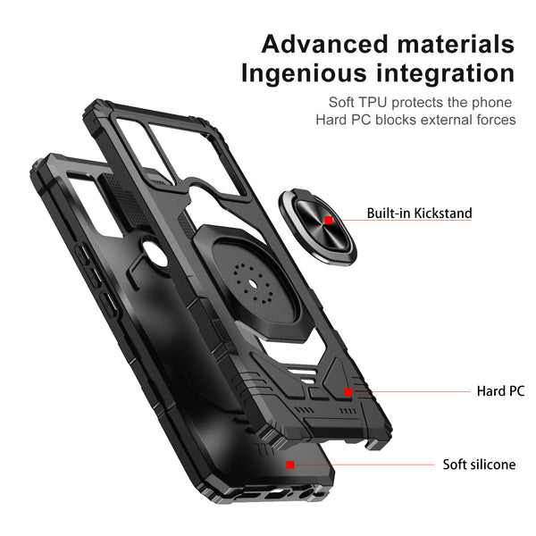 For Cricket Innovate E 5G Case [Military Grade] Ring Car Mount Kickstand w/[Tempered Glass] Hybrid Hard PC Soft TPU Shockproof Protective Case - Black