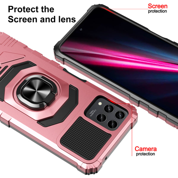 For T-Mobile REVVL 6 Pro 5G Case [Military Grade] Ring Car Mount Kickstand w/[Tempered Glass] Hybrid Hard PC Soft TPU Shockproof Protective Case - Rose Gold