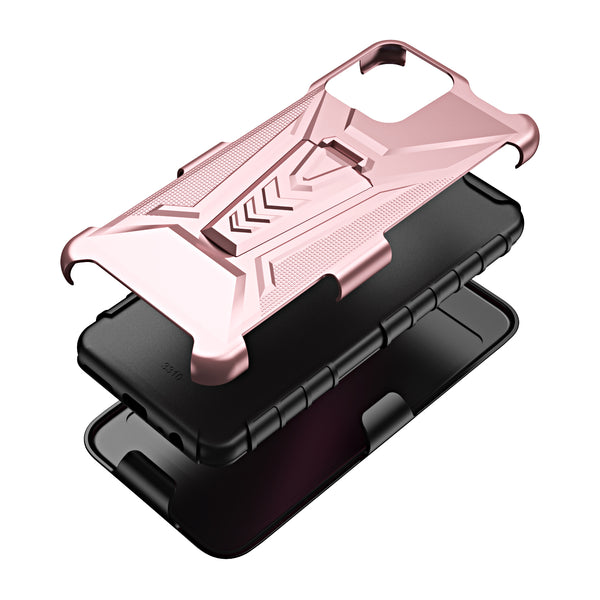 For T-Mobile REVVL 6 5G Case with Tempered Glass Screen Protector Heavy Duty Protective Phone Case,Built-in Kickstand Rugged Shockproof Protective Phone Case - Rose Gold