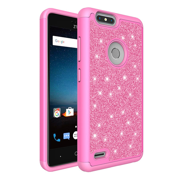 ZTE Sequoia Case, Blade Z Max, ZTE Z982 Glitter Bling Heavy Duty Shock Proof Hybrid Case with [HD Screen Protector] Dual Layer Protective Phone Case Cover for ZTE Sequoia, ZTE Blade Z Max, ZTE Z982 - Hot Pink