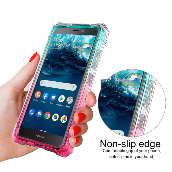 For Nokia C100 Case with Temper Glass Screen Protector Full-Body Rugged Protection - Clear/Teal/Pink