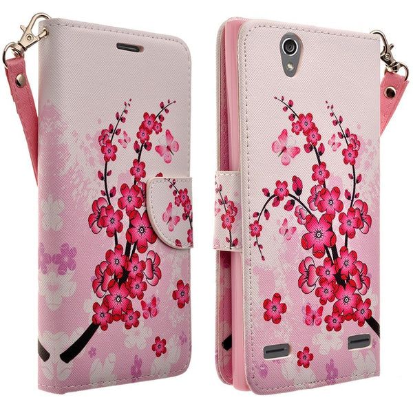 ZTE Lever LTE | Z936L Case, Slim Wrist Strap Magnetic Flip Wallet Kickstand Cover - Cherry Blossom