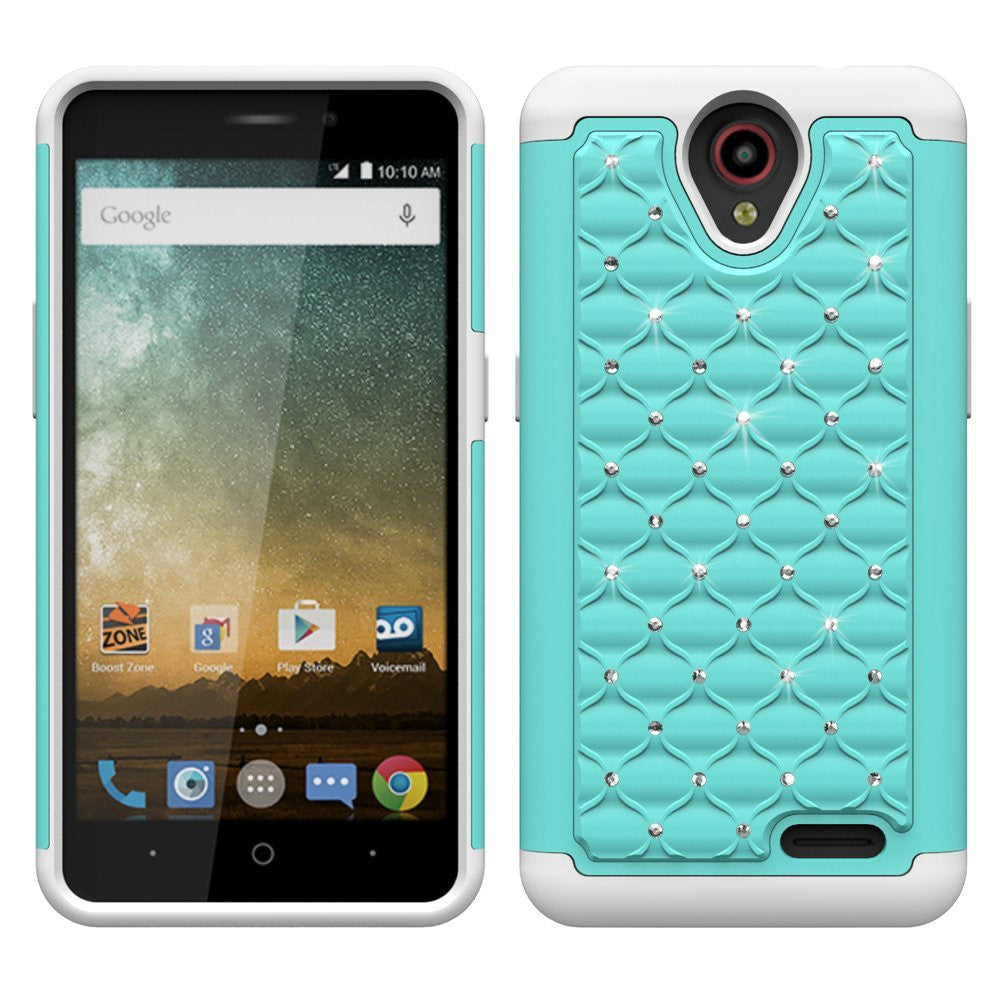 ZTE Prestige, Sonata 3, Avid Trio, Avid Plus, Chapel Diamond Hybrid Crystal Rhinestone Dual Layer Gel Case - Teal/White - www.coverlabusa.com