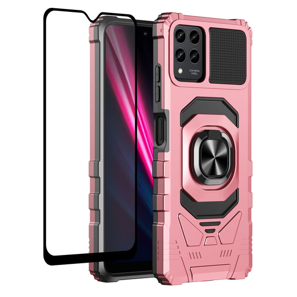 For T-Mobile REVVL 6 Pro 5G Case [Military Grade] Ring Car Mount Kickstand w/[Tempered Glass] Hybrid Hard PC Soft TPU Shockproof Protective Case - Rose Gold