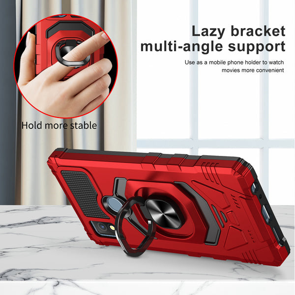 For Cricket Icon 4 Case [Military Grade] Ring Car Mount Kickstand w/[Tempered Glass] Hybrid Hard PC Soft TPU Shockproof Protective Case - Red