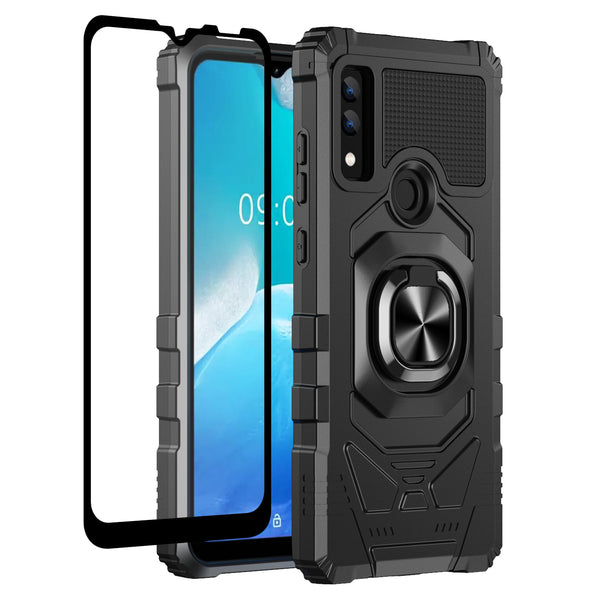 For AT&T Maestro 3 Case [Military Grade] Ring Car Mount Kickstand w/[Tempered Glass] Hybrid Hard PC Soft TPU Shockproof Protective Case - Black