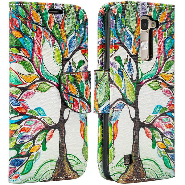 LG K10 Case / LG Premier LTE Wallet Case, Wrist Strap [Kickstand] Pu Leather Wallet Case with ID & Credit Card Slots - colorful tree www.coverlabusa.com