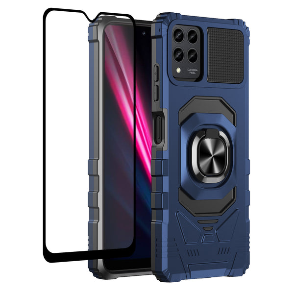 For T-Mobile REVVL 6 Pro 5G Case [Military Grade] Ring Car Mount Kickstand w/[Tempered Glass] Hybrid Hard PC Soft TPU Shockproof Protective Case - Blue