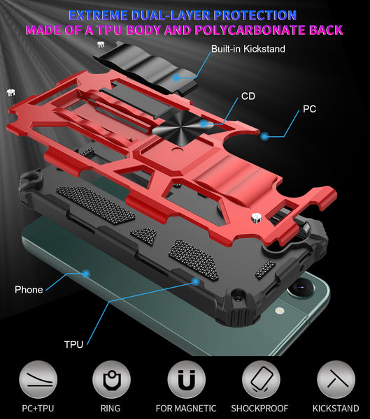 For Samsung Galaxy S23 Plus Case [Military Grade] Ring Car Mount Kickstand w/[Tempered Glass] Hybrid Hard PC Soft TPU Shockproof Protective Case -Red