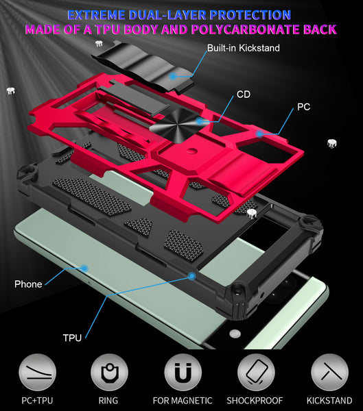 For Google Pixel 6A Case [Military Grade] Ring Car Mount Kickstand w/[Tempered Glass] Hybrid Hard PC Soft TPU Shockproof Protective Case - Red