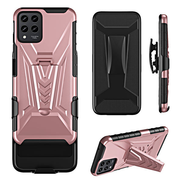 For T-Mobile REVVL 6 Pro 5G Case with Tempered Glass Screen Protector Heavy Duty Protective Phone Case,Built-in Kickstand Rugged Shockproof Protective Phone Case - Rose Gold