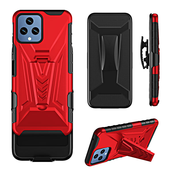 For T-Mobile REVVL 6 5G Case with Tempered Glass Screen Protector Heavy Duty Protective Phone Case,Built-in Kickstand Rugged Shockproof Protective Phone Case - Red