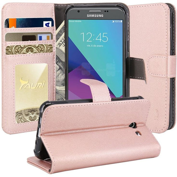 Samsung Galaxy J7 (2017) / J7 Sky Pro / J7 Perx / J7 V / J7 Prime / Galaxy Halo Case, Wrist Strap Pu Leather Magnetic Flip[Kickstand] Wallet Cover w/ Card Slots - Rose Gold