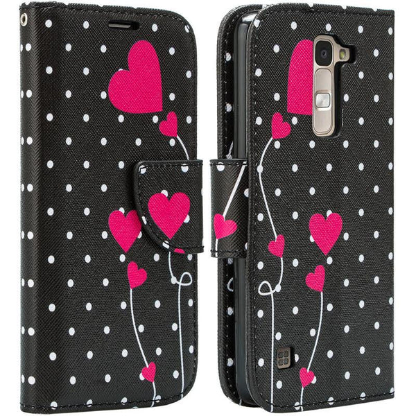 LG K8, Phoenix 2, Escape 3 Wallet Case, Wrist Strap [Kickstand] Pu Leather Wallet Case - polka dot hearts www.coverlabusa.com