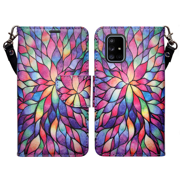 For Samsung Galaxy A14 5G Case, Galaxy A14 5G Wallet Case, Wrist Strap Pu Leather Wallet Case [Kickstand] with ID & Credit Card Slots - Rainbow Flower