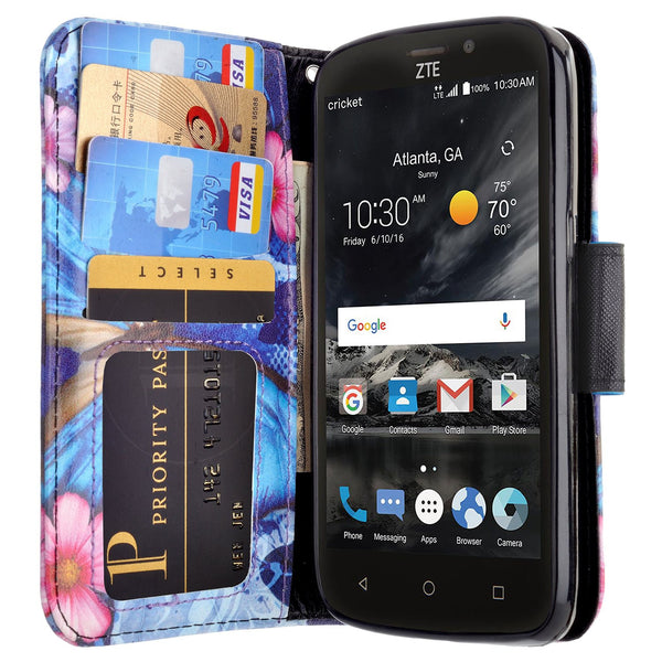 ZTE Prestige 2 Wallet Case [Card Slots + Money Pocket + Kickstand] and Strap - Blue Butterfly