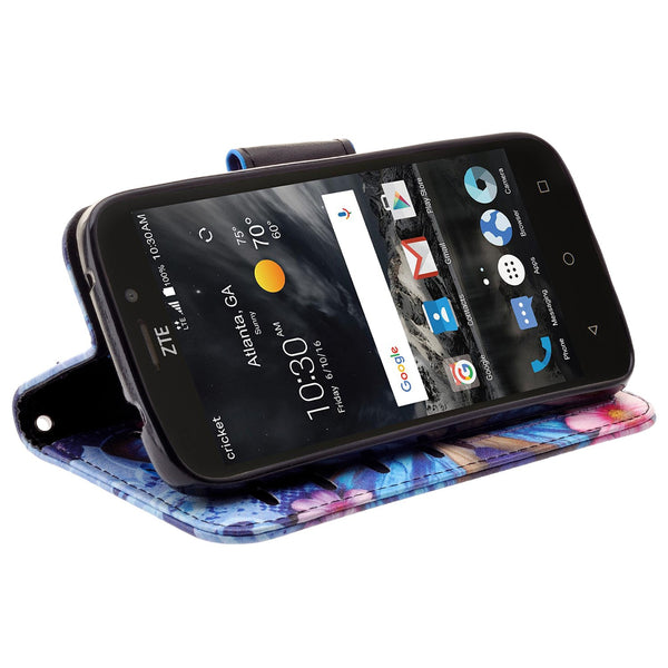ZTE Prestige 2 Wallet Case [Card Slots + Money Pocket + Kickstand] and Strap - Blue Butterfly