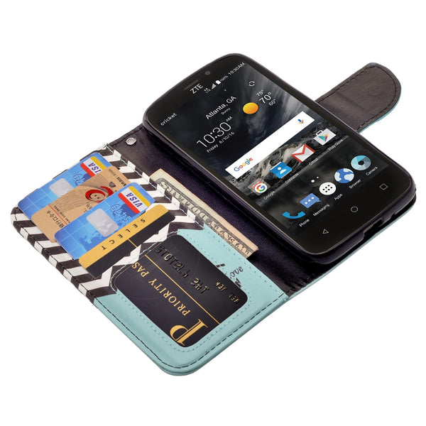 ZTE Prestige 2 Wallet Case [Card Slots + Money Pocket + Kickstand] and Strap - Teal Anchor