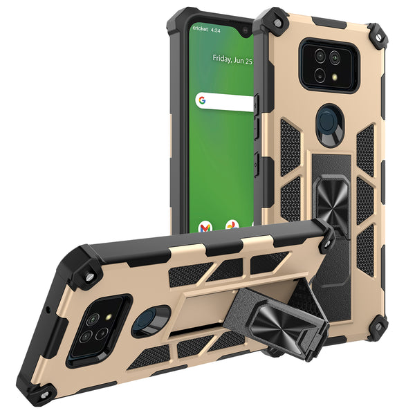 ring car mount kickstand hyhrid phone case for cricket ovation 2 - gold - www.coverlabusa.com