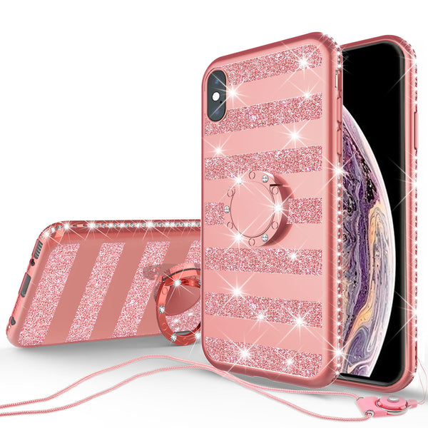 apple iphone xs glitter bling fashion 3 in 1 case - rose gold stripe - www.coverlabusa.com